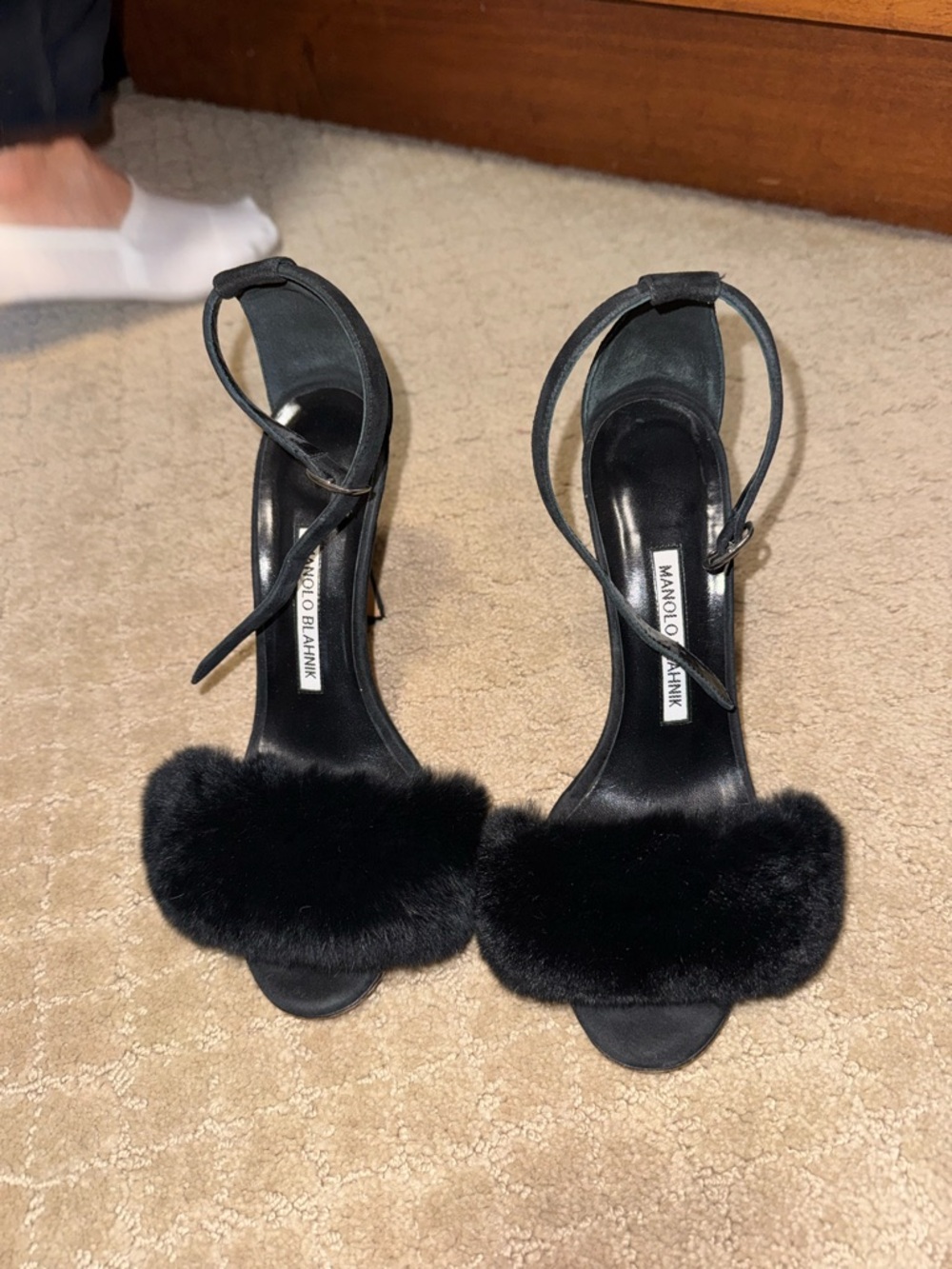 Manolo Blahnik Black Fur Strap Ankle-Heel Sandals